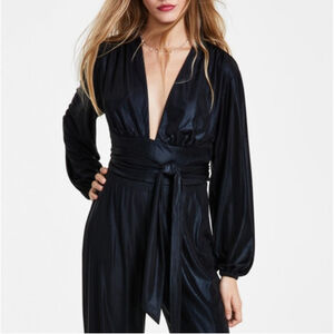 Leyden Women's Size Medium Shiny Black Tie-Waist Long-Sleeve V-Neck Crop Top NWT